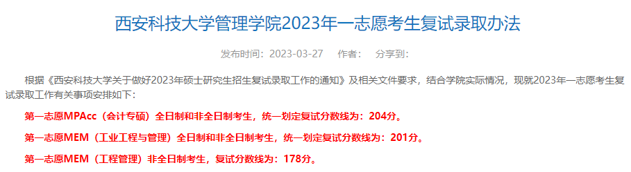 西安科技大学2023年MPAcc复试分数线