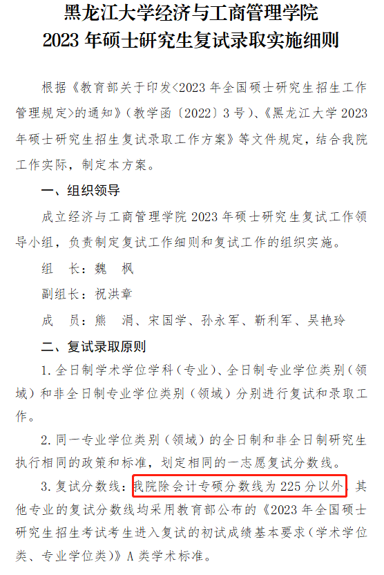 黑龙江大学2023年MPAcc复试分数线